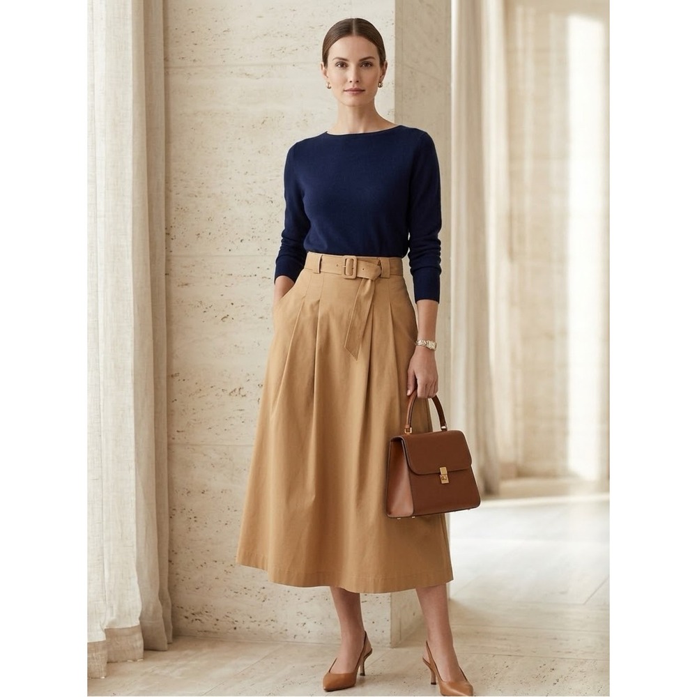 Worthington Camel Tan Belted Pleated A-Line Midi Skirt 4 Workwear Neutral Preppy